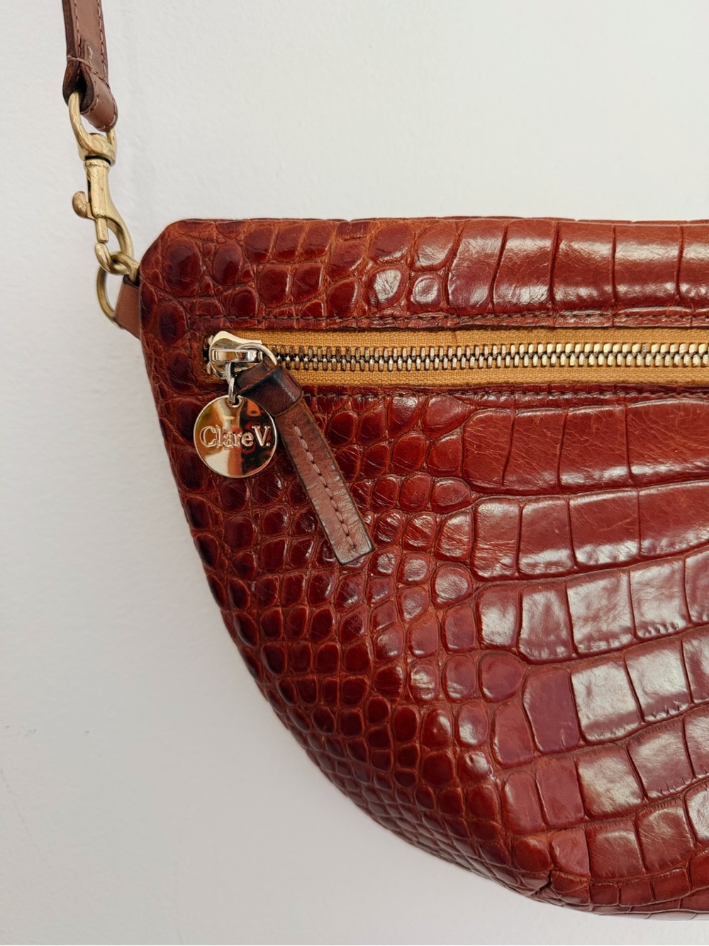 Clare V Croc-Embossed Leather Crossbody in Chestnut Brown with Gold Hardware